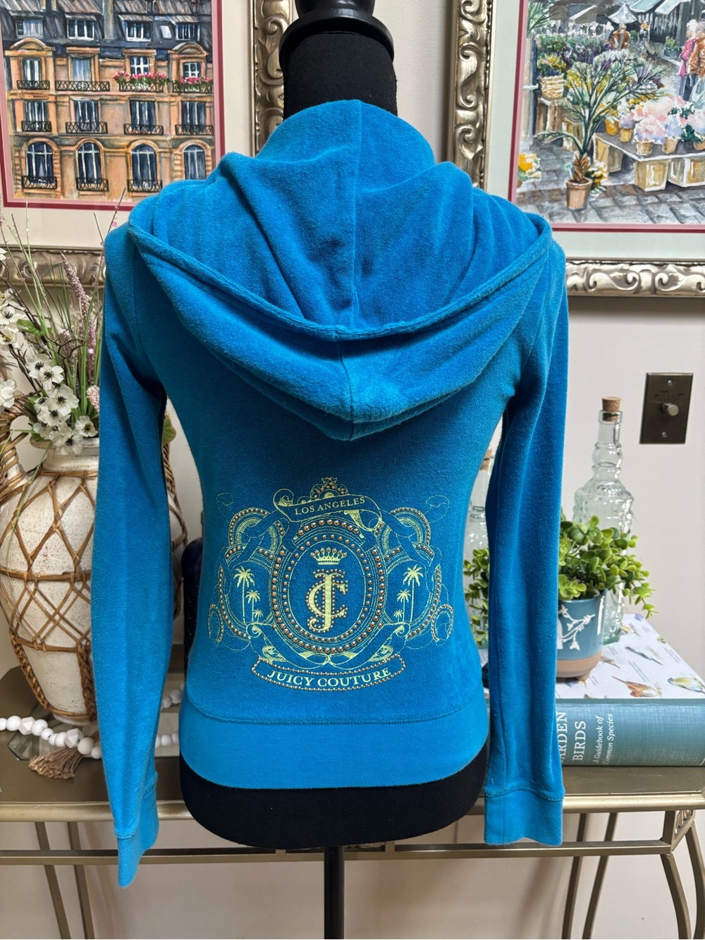Juicy Couture Blue Terry Zip-Up Graphic Hooded Jacket - Studded Gold Crest Y2K